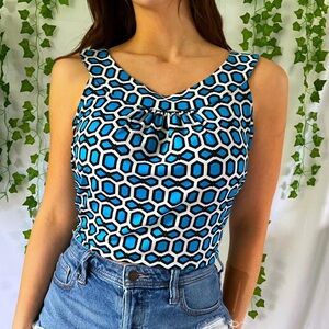 Blue and white geometric print tank top